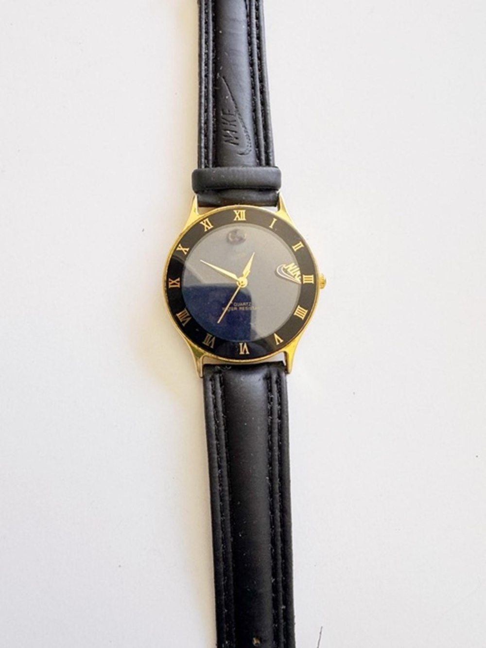 Vintage Nike Gold Tone Watch Black Leather Roman Numeral 34mm